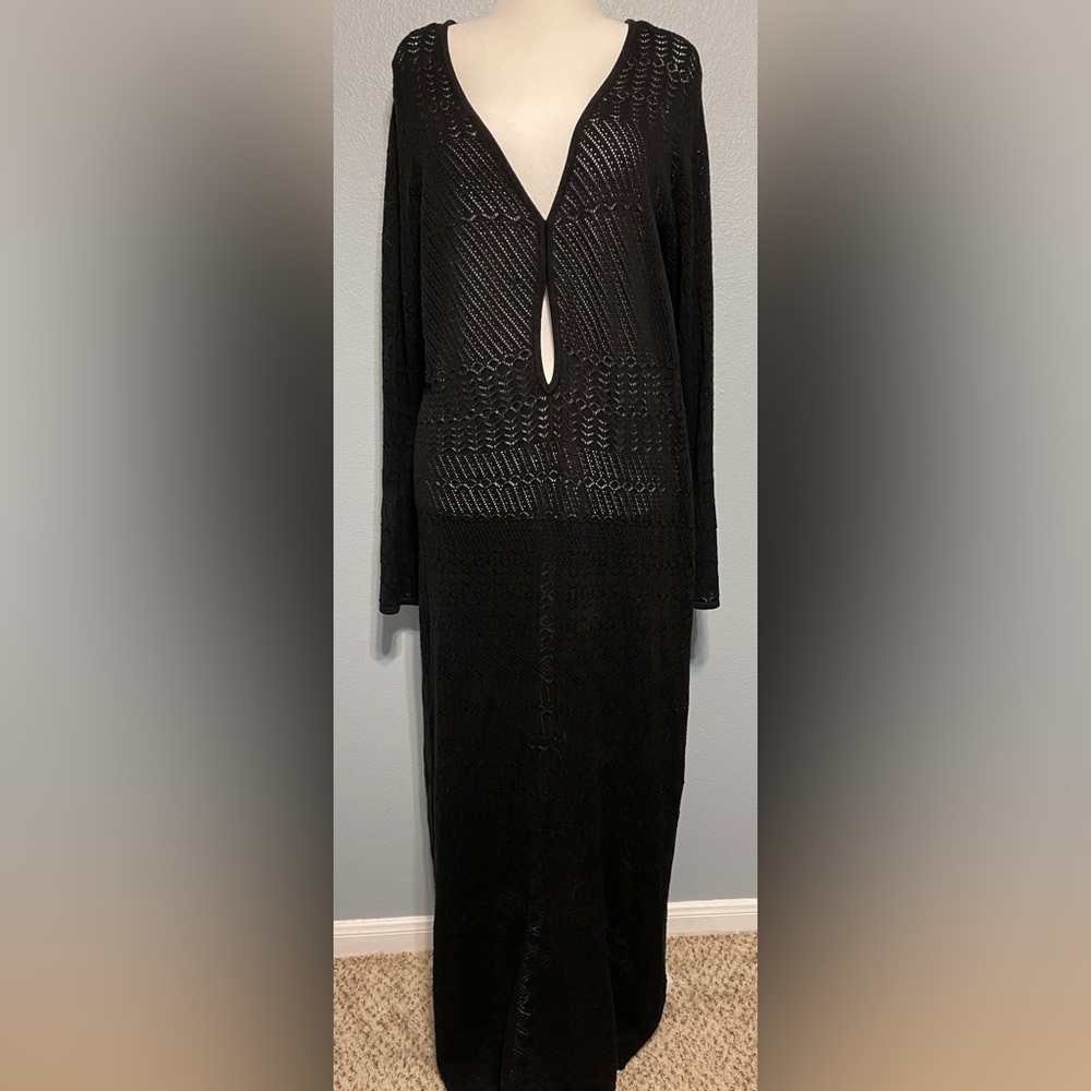 Future Collective Black Mesh Knit Maxi Dress V Neck Bell Sleeve Bodycon Goth XXL - Picture 2 of 8